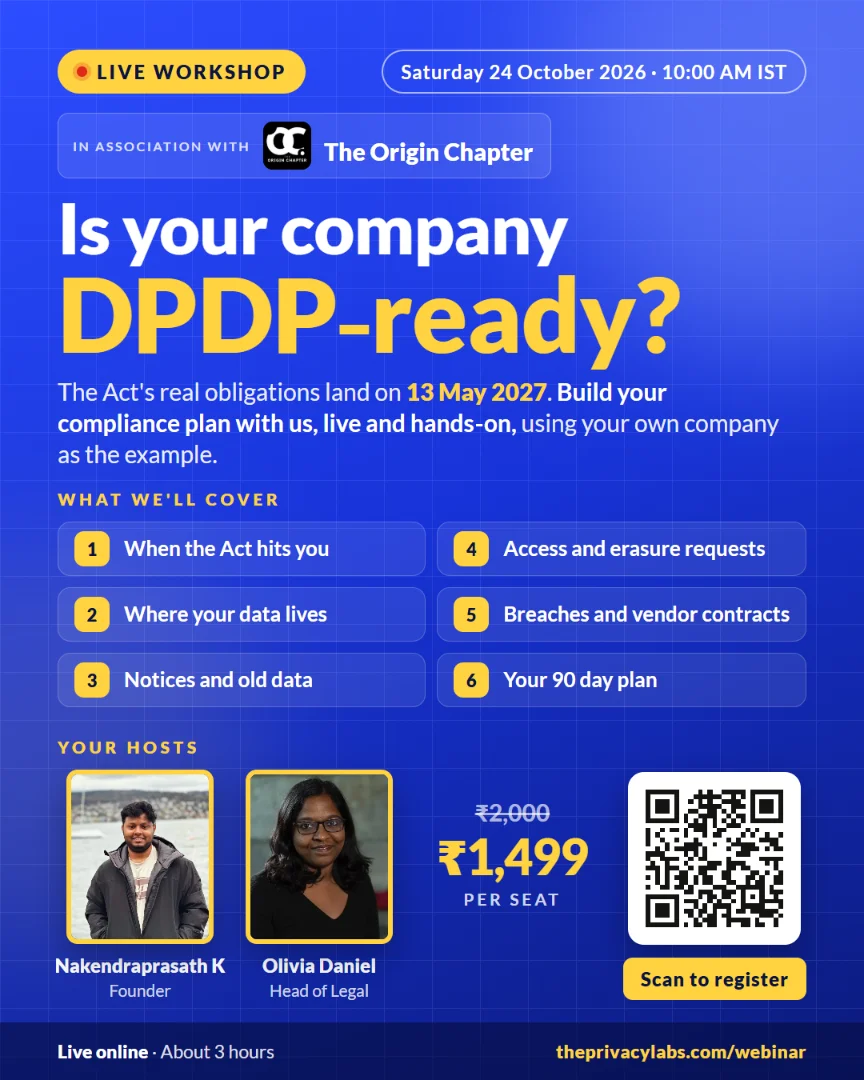 DPDP Implementation Workshop poster, 24 October 2026, in association with The Origin Chapter