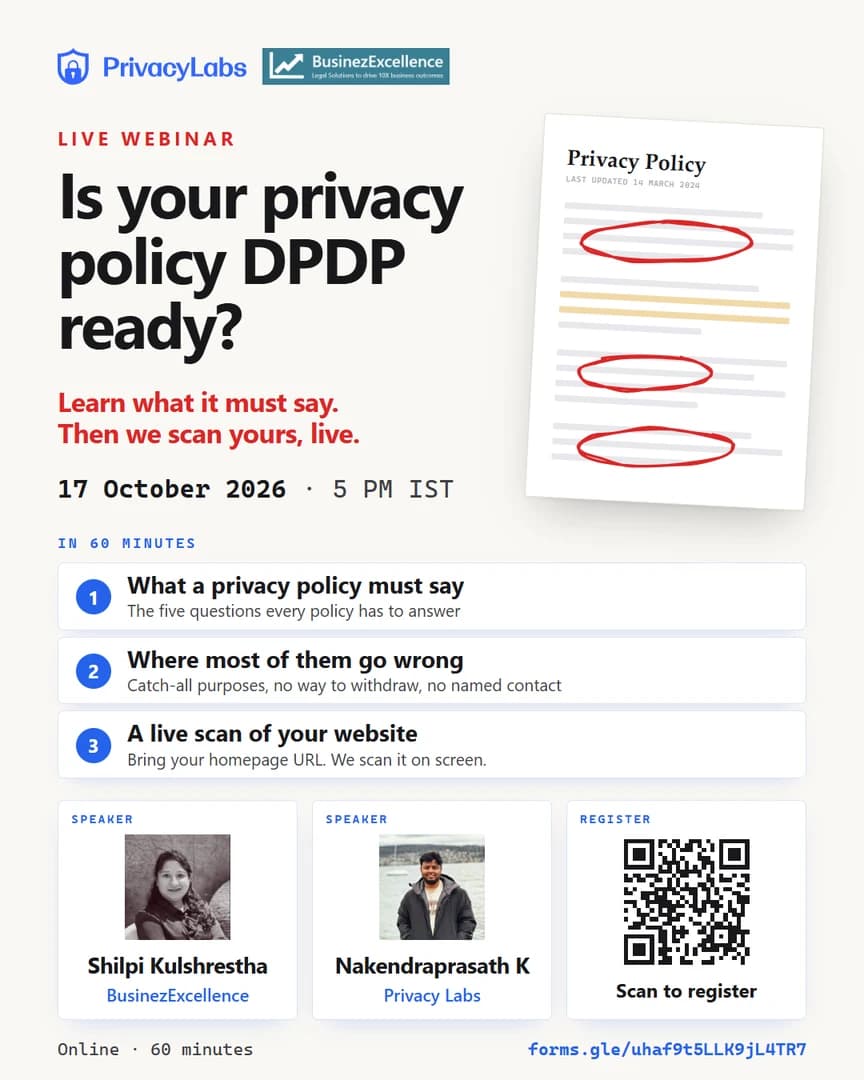 Is your privacy policy DPDP ready? Webinar poster, 17 October 2026, 5 PM IST